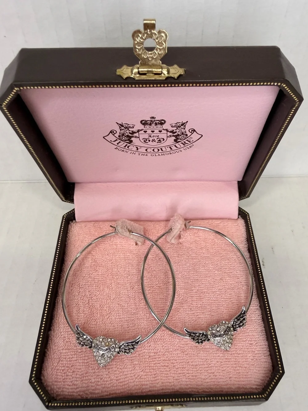 NWT Juicy Couture Silver Paved Heart with Wings Hoop Earrings